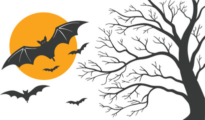 halloween silhouette with bats and tree , moon