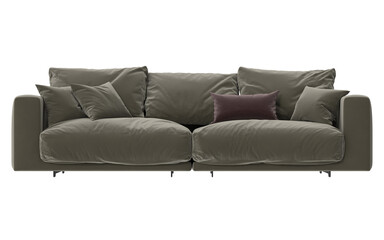 velvet cushioned brown sofa with purple pillow front view isolated.