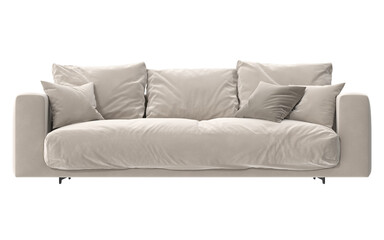 light beige pillow sofa front view isolated.