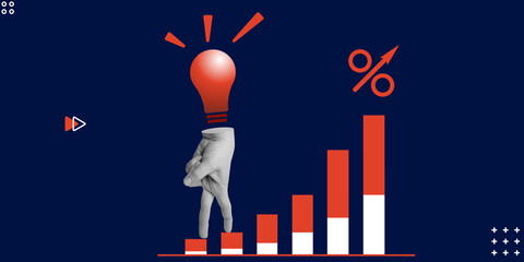 Creativity and growth, strategy, and results, business design. Hand with red light bulb that resembles head steps on growing bar chart with procecnts. Minimalist art collage.