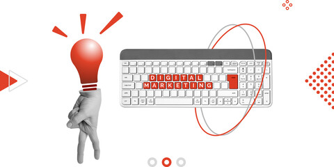 Digital marketing, content strategy and digital engagement themes. Keyboard labelled Digital Marketing, the red light bulb above the hand is a symbol of the idea. Minimalist art collage