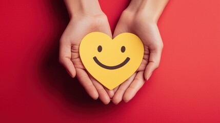 Obraz premium paper cut smiley face in hands make heart symbol for protection around on red background. positive thinking, mental health, assessment, world mental health day concept