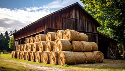 Obraz premium Stacked hay bales beside a rustic wooden barn on a sunny day with blue skies and green surroundings