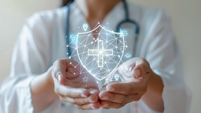 Hands grasp digital shield with medical cross symbolizing healthcare innovation and cybersecurity