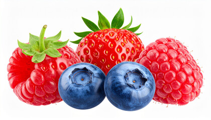 Fresh Raspberry, Blueberry, and Strawberry Isolated on White Background, Healthy Mixed Berries