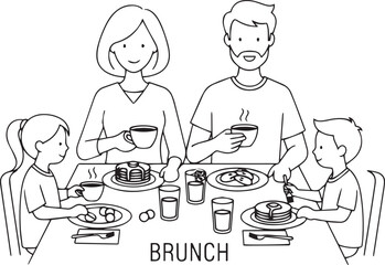 A simple line drawing vector illustration of a family enjoying brunch together, isolated on a white background