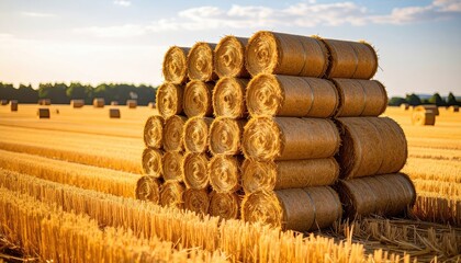 Stacked hay bales in a golden wheat field during sunset, showcasing agricultural scenery and rural tranquility