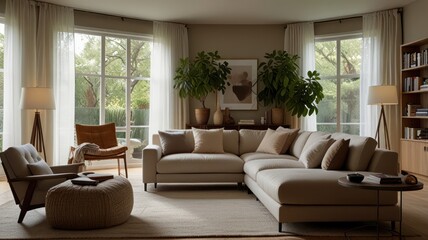Beige sectional sofa in a modern living room with large windows overlooking a garden