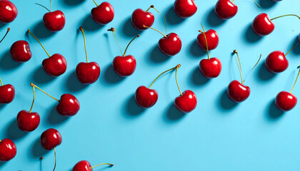 Red Cherry on Blue Background with Sharp Shadows, Top View Minimal Summer Fruit Concept