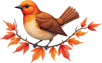 Bird holding autumn leaf garland in watercolor style illustration for seasonal decor, kids illustration