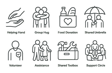 Community support icon set in linear style: helping, volunteer, assistance symbols