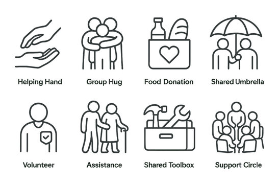 Community support icon set in linear style: helping, volunteer, assistance symbols