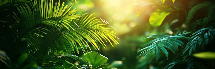 Tropical palm leaves with sunlight streaming through them, banner