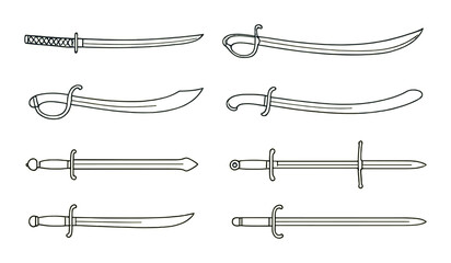 Cultural sword icon set in simple linear style. historical and traditional weapon symbols.