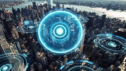 Futuristic aerial view of a vibrant city skyline with digital holographic interfaces overlaying the buildings - Powered by Adobe