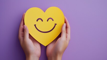 paper cut smiley face in hands make heart symbol for protection around on violet background. positive thinking, mental health, assessment, world mental health day concept