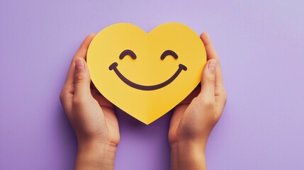 paper cut smiley face in hands make heart symbol for protection around on violet background. positive thinking, mental health, assessment, world mental health day concept