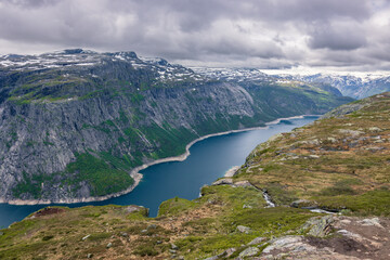 View of the famous Trolltunga and the surrounding area near Odda (Norway)