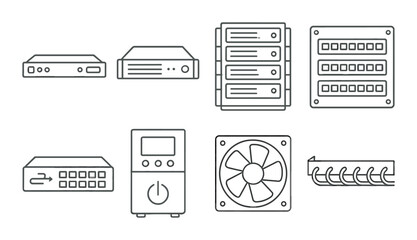 Server rack components icon set in flat style. data center and it infrastructure symbols