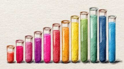 Colorful Test Tubes with Liquid Gradient Showing Progression of Color and Volume in Scientific Experimentation