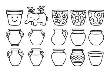 Traditional pots icon set with a simple linear style. artistic pottery symbols