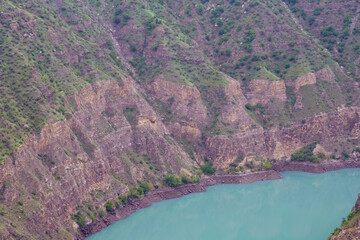 View of the Sulak canyon. A river in the mountainous region of Dagestan.