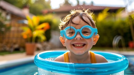 Young boy enjoys swimming lessons with swim board, goggles, and a smile during fun weekend activity