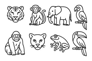 Jungle animal icon set. silhouette style wildlife and nature symbols