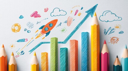 Colorful Graph with Rocket Illustration and Pencils Representing Growth and Success in Business and Finance