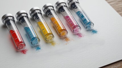 Colorful Vials with Liquid and Powder on a White Background for Science and Art Applications