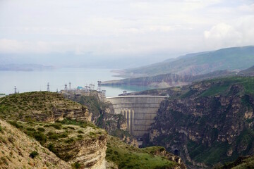 View of the Chirkeyskaya hydroelectric power station. Sulak Canyon. Dagestan.