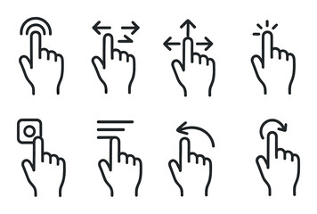 Touchscreen gesture icon set: flat style, hand movements, interface symbols