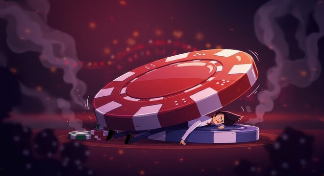 A gambler hides beneath a huge casino chip while trying to escape the chaos of betting tables
