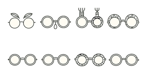 Global cultural eyewear icon set. linear style glasses and spectacles symbols