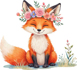 Obraz premium Charming watercolor illustration of a fox with a floral crown, perfect for Mother's Day celebrations and nature themes, kids illustration