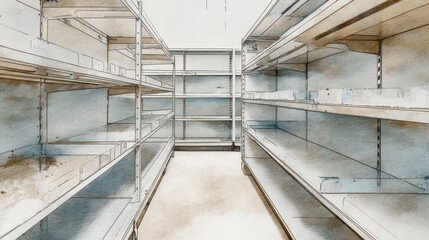 Empty Shelves in a Store Interior Depicting Abandonment and Lack of Stock with Artistic Touch