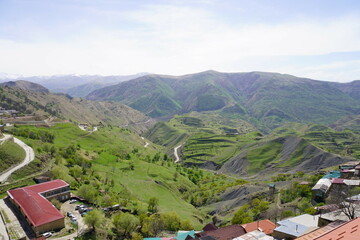 Chokha terraces covered with green vegetation. Mountainous region of Dagestan.