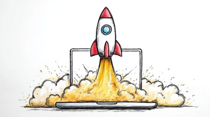 Creative illustration of a rocket launching from a laptop with colorful smoke and dynamic effects to symbolize growth and innovation