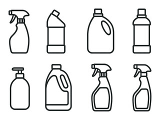 Cleaning bottles linear icon set. housekeeping, sanitation symbols