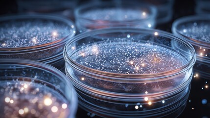 Petri Dishes with Ethereal Glow and Sparkling Elements on Dark Background for Scientific and Educational Use