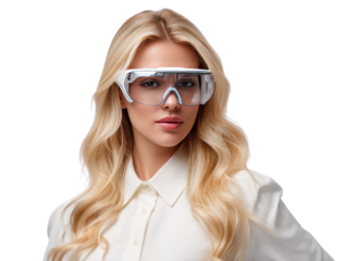 Visionary with Technology Glasses: A portrait of a woman, blonde wavy hair wearing futuristic glasses embodying technological innovation, confidence, and forward-thinking in a clean, studio setting.