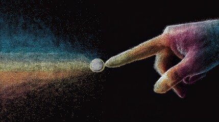 Abstract representation of cosmic connection through human touch with colorful light streaks and a floating sphere