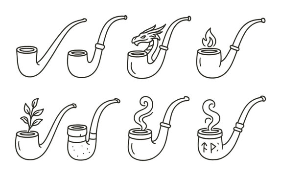 Vintage pipes silhouette icon set. fantasy smoking pipe graphics and symbols