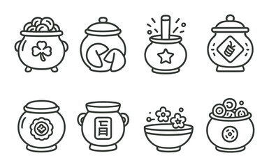 Festive pot flat icon set. holiday, celebration, and tradition themed graphics