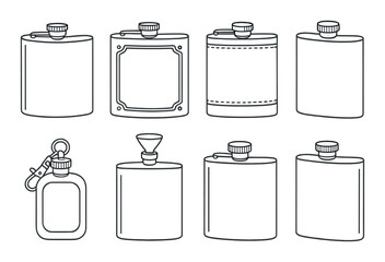 Hip flask silhouette icon set for drinks and beverage design essentials