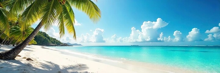 Sun-drenched beach scene with vibrant turquoise water, palm trees swaying gently in the breeze, and soft white sand Perfect for summer vacation themes and travel brochures , vacation, blissful