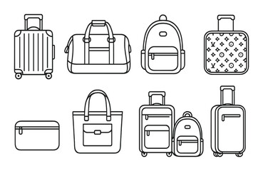 Travel bag linear icon set. luggage, suitcase, and backpack symbols for journeys