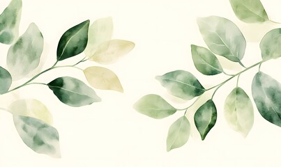 Watercolor painting of green plants and leaves on a background with white space in the middle