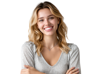 Radiant Confidence: A captivating portrait of a beautiful woman radiates with self-assurance, her genuine smile, and inviting gaze create an atmosphere of optimism, strength, and poise.