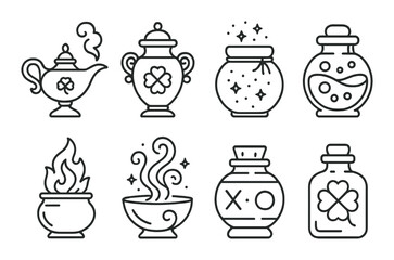 Magical luck vessels icon set. flat style charms and potion symbols
